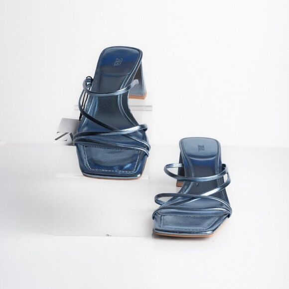 Zara Womens Blue Strappy Mule Heeled Sandals Sz US 7.5 EU 38 2322/110 NWD - Picture 4 of 9